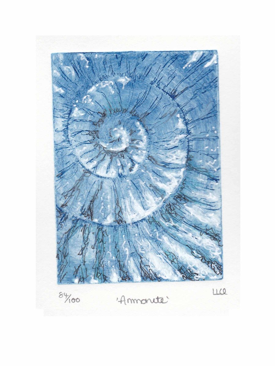Etching no.84 of an ammonite fossil with mixed media in an edition of 100