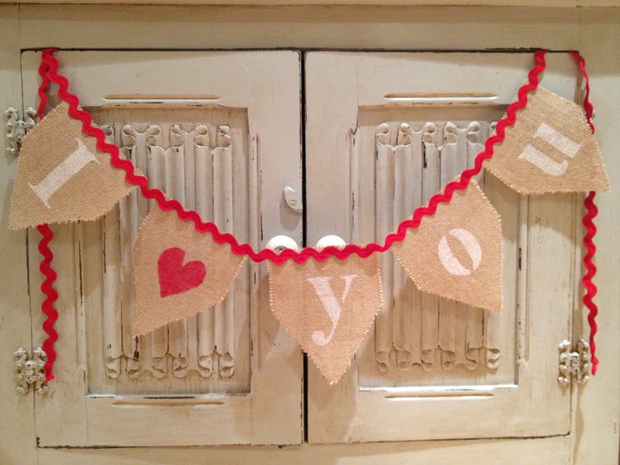 Handmade hessian "I love you" bunting 