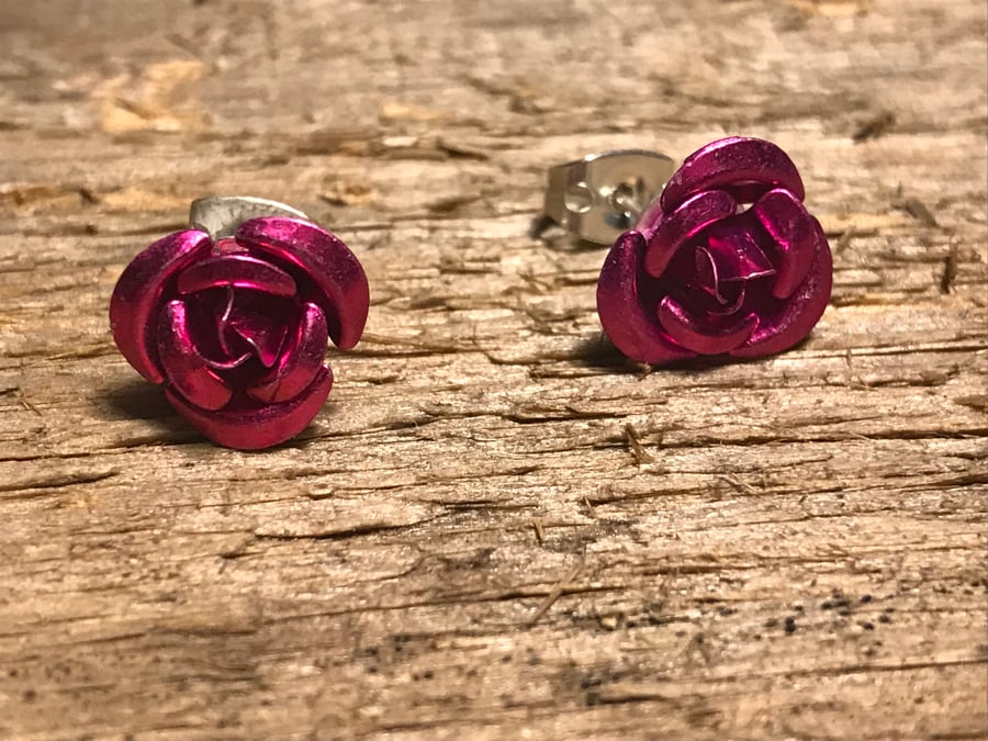 Fuchsia pink metal rose studs