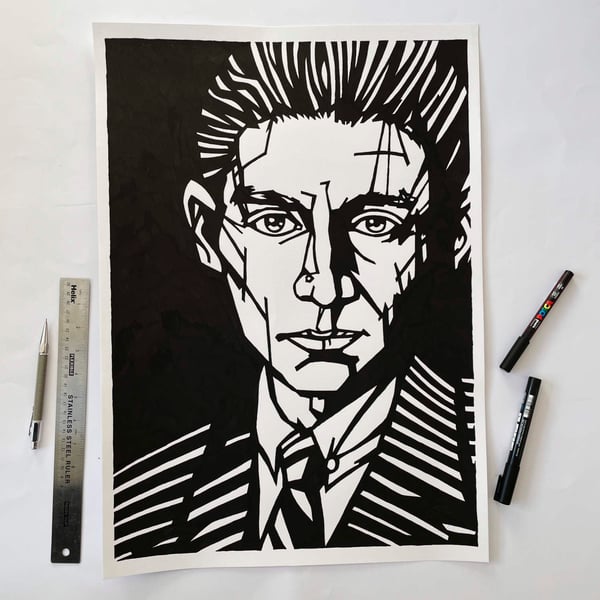 FRANZ KAFKA Original Ink Drawing, Large scale artwork, Literature wall art