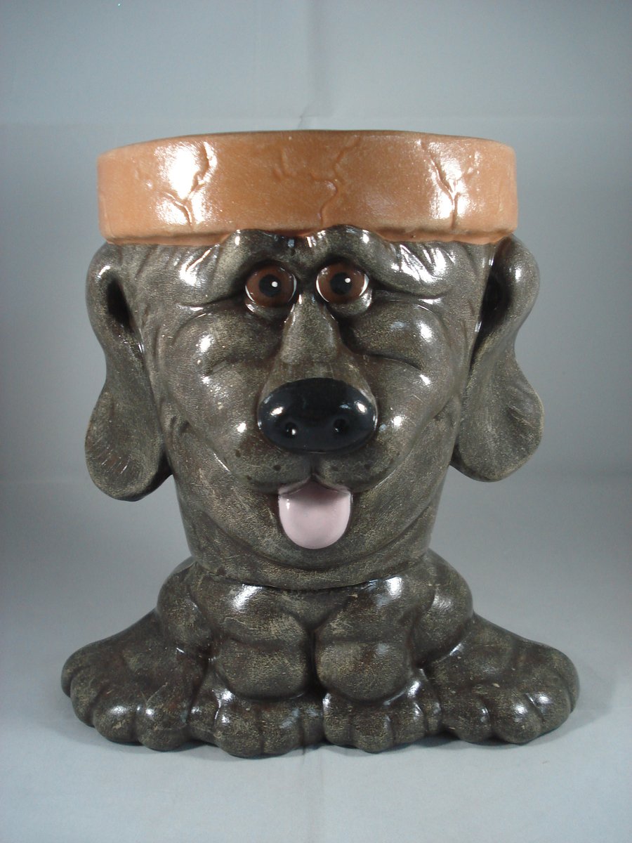 Ceramic Hand Painted Brown Dog Garden Home Flower Herb Plant Pot Container.