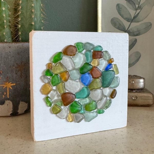 Cornish Sea Glass Wooden Plaque Free Standing Decoration 