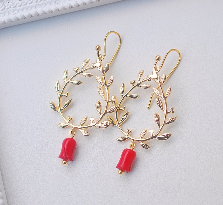 Red Coral earrings, 18k gold plated dangle carved coral earrings
