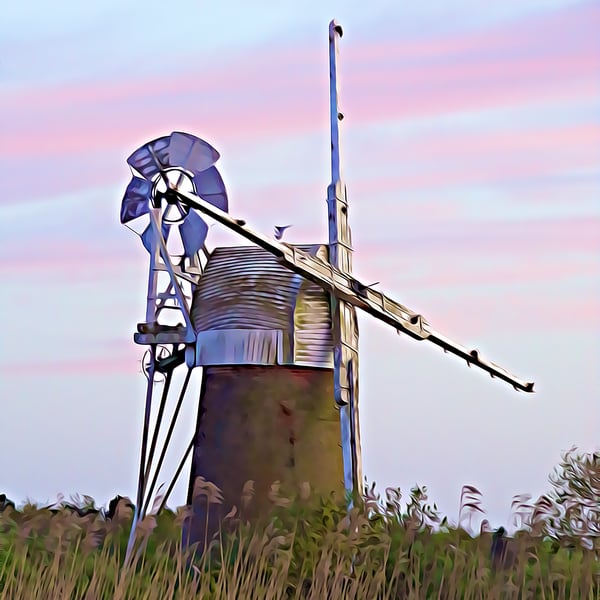 A4 Print Of Windmill on The Norfolk Broads Sunrise