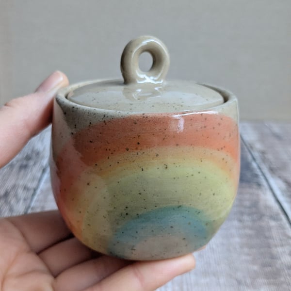 Perfectly imperfect Small ceramic lidded pot with rainbow