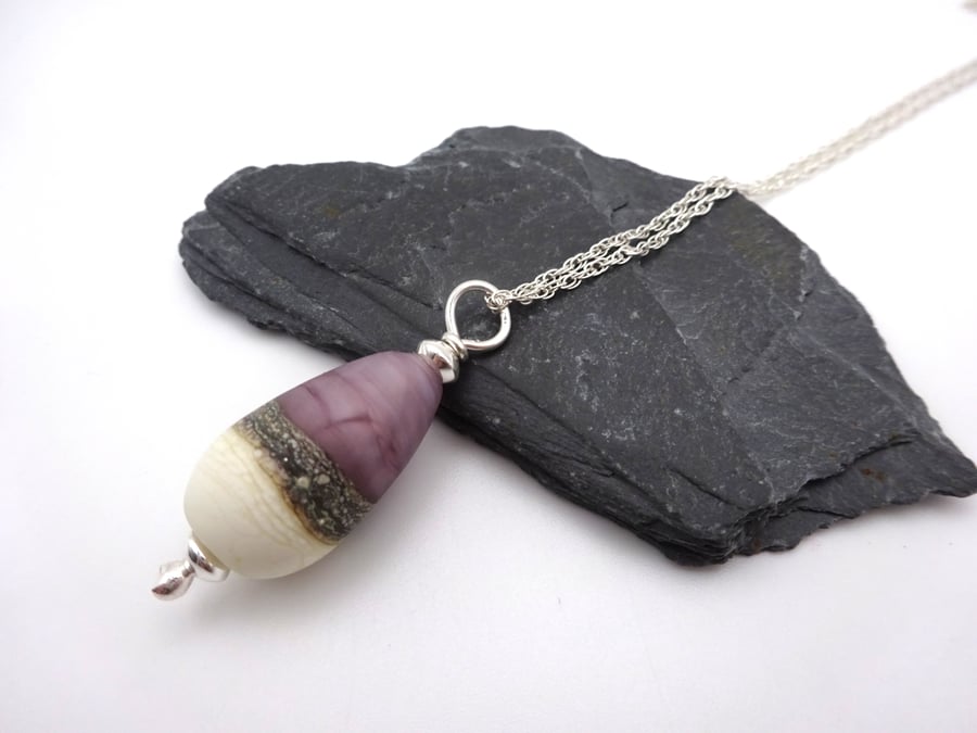 lampwork glass purple and ivory frosted tear drop pendant necklace
