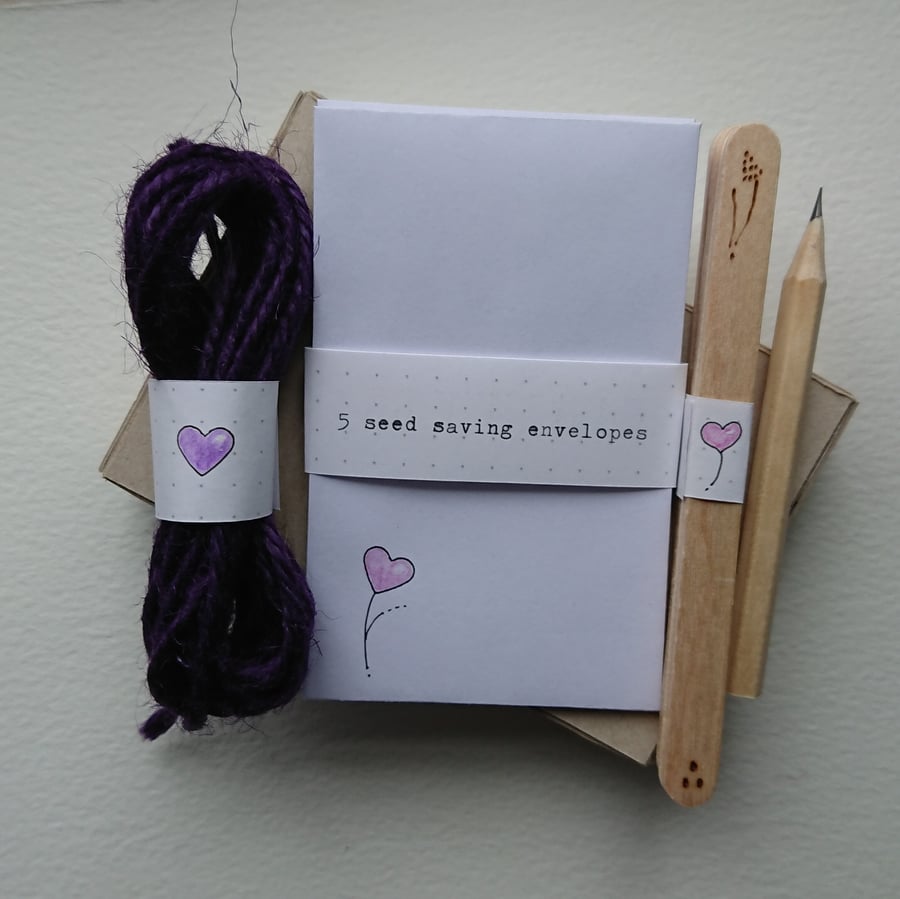 Wooden plant labels, seed envelopes, purple twine & pencil - heart motif