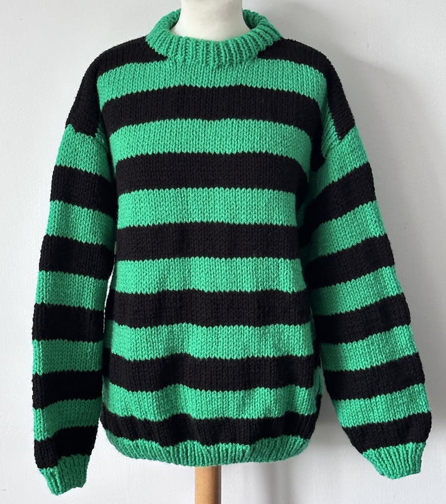 Hand Knitted Green Devil Stripey Chunky Hand Knitted Sweater