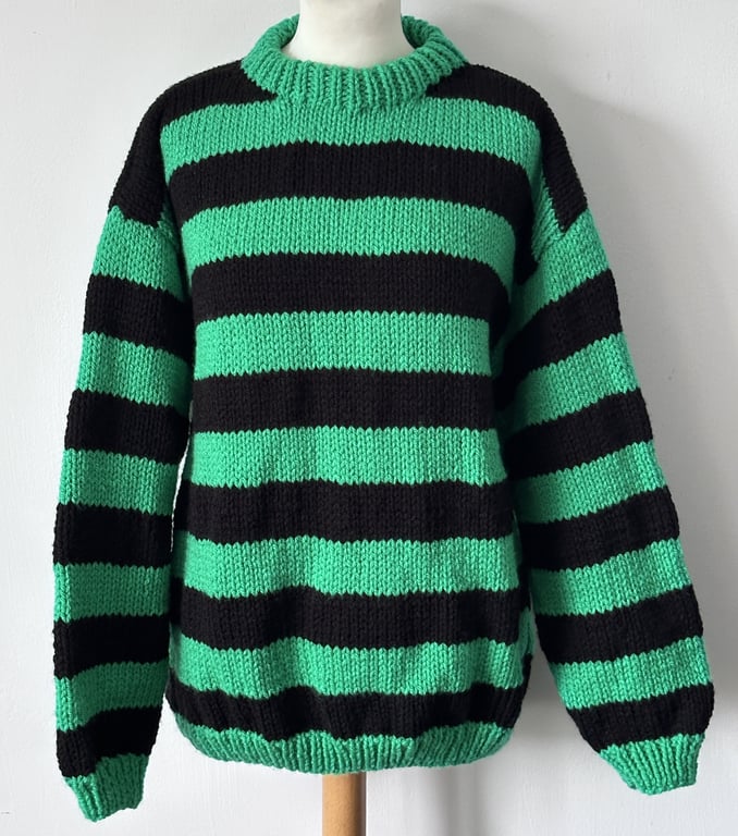 Hand Knitted Green Devil Stripey Chunky Hand Knitted Sweater