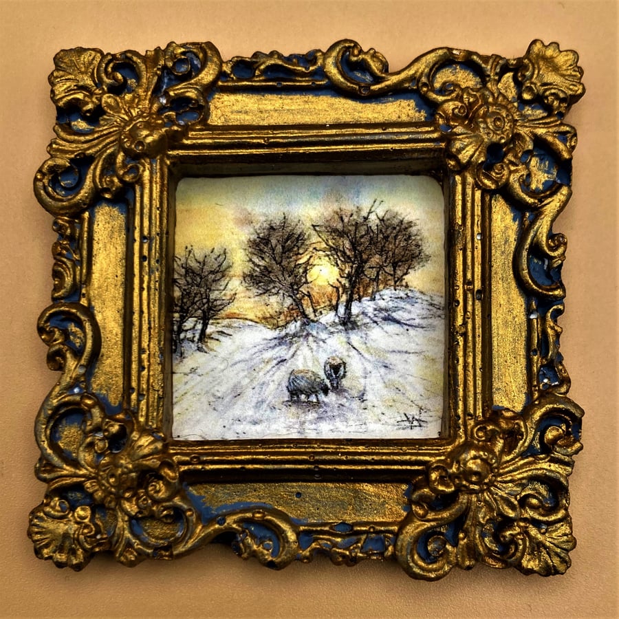 Tiny Framed mini PRINT, Sheep in a Snowy Winter Landscape at Sunset