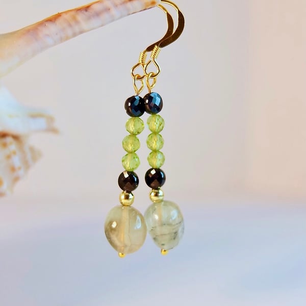 AAA Grade Peridot, Prehnite And AAA Grade Black Spinel Earrings - Free Uk Post