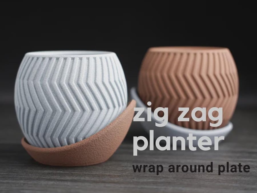 Modern Zig Zag Planter with Wrap Around Plate, Geometric Indoor Pot