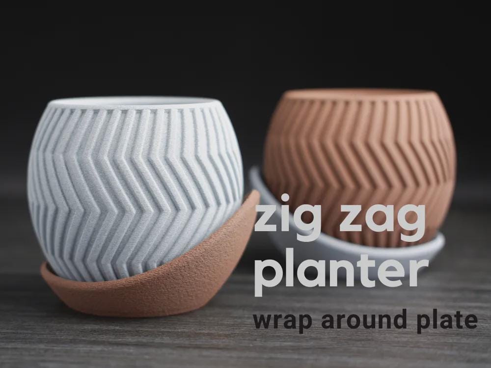 Modern Zig Zag Planter with Wrap Around Plate, Geometric Indoor Pot