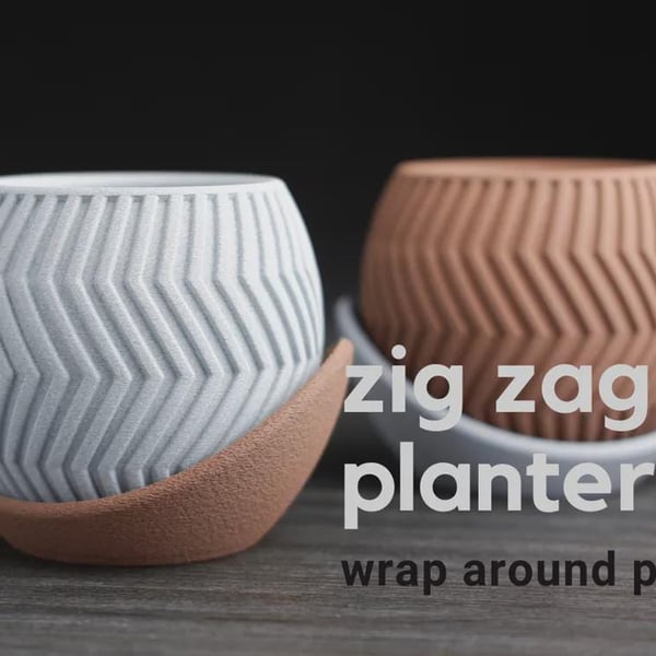 Modern Zig Zag Planter with Wrap Around Plate, Geometric Indoor Pot