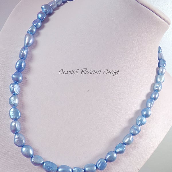 BlueFreshwater Pearl & Silver Clasp Necklace.-Handmade in Cornwall - FREE UK P&P