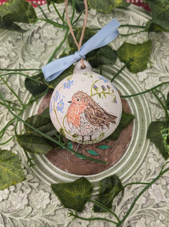 Robin and Forget me not hand-painted ceramic Christmas bauble 