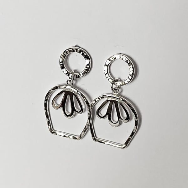 Tulip Sterling Silver Earrings on Hammered Circle Studs