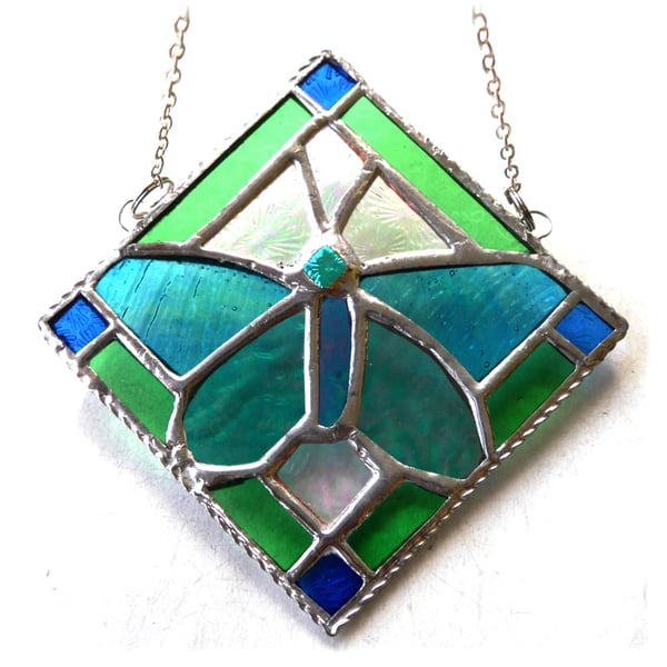 Butterfly Framed Stained Glass Suncatcher Teal Green Tile