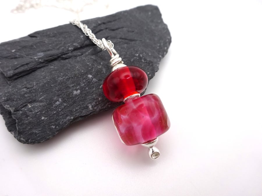 lampwork glass dark pink pendant necklace
