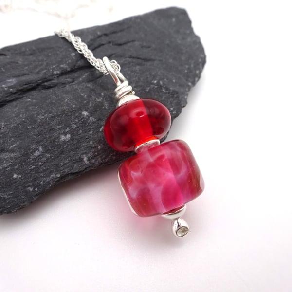 lampwork glass dark pink pendant necklace