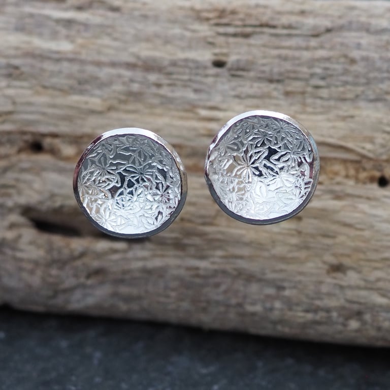 Studs, Sterling Silver Round Disc Stud Earrings, Abstract Texture. 