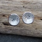 Studs, Sterling Silver Round Disc Stud Earrings, Abstract Texture. 