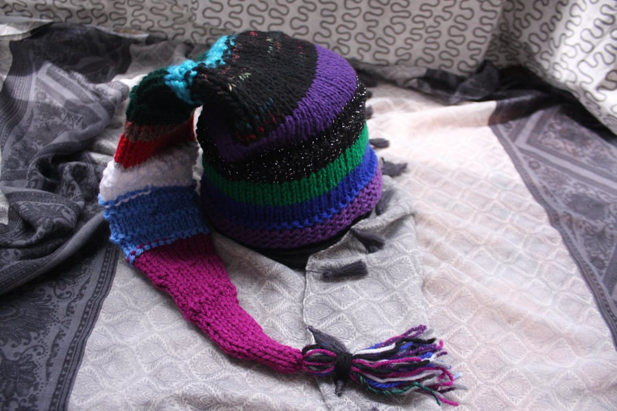knitted multi stripe wizard long tail pixie sock hat