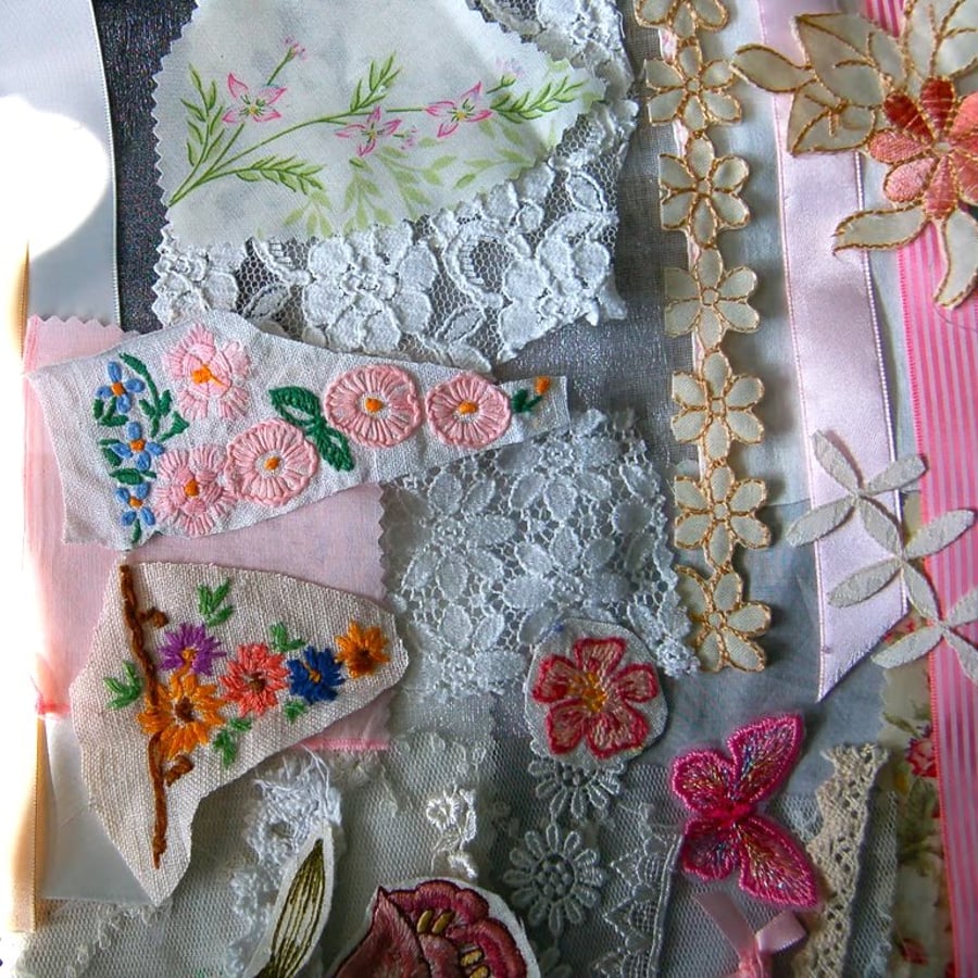 Vintage embroidery Upcycled slow stitching kit with threads, lace, ribbon