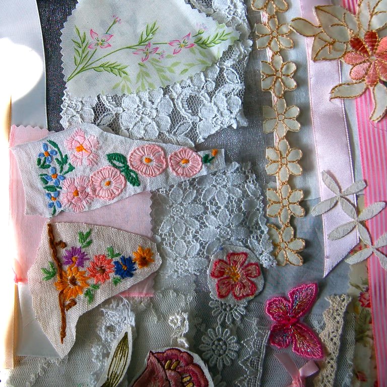 Vintage embroidery Upcycled slow stitching kit with threads, lace, ribbon