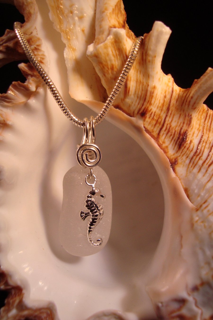 Sea Glass Necklace with Sterling Silver Seahorse Charm