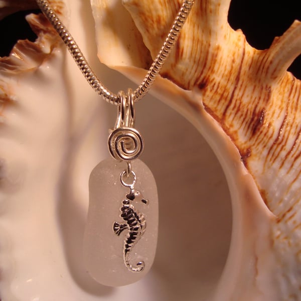 Sea Glass Necklace with Sterling Silver Seahorse Charm