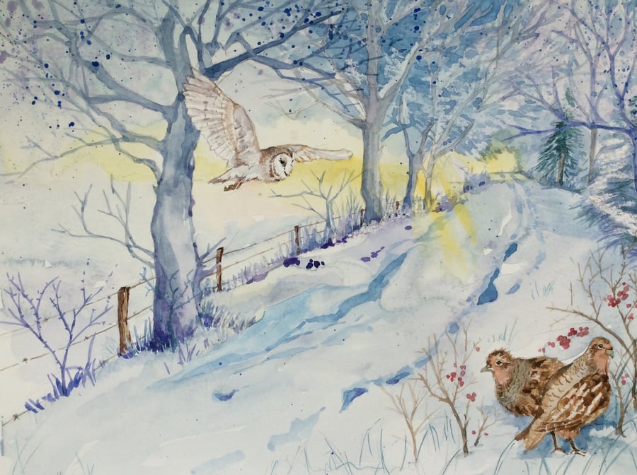 Original watercolour painting of snowy landscape with owl and partridges.