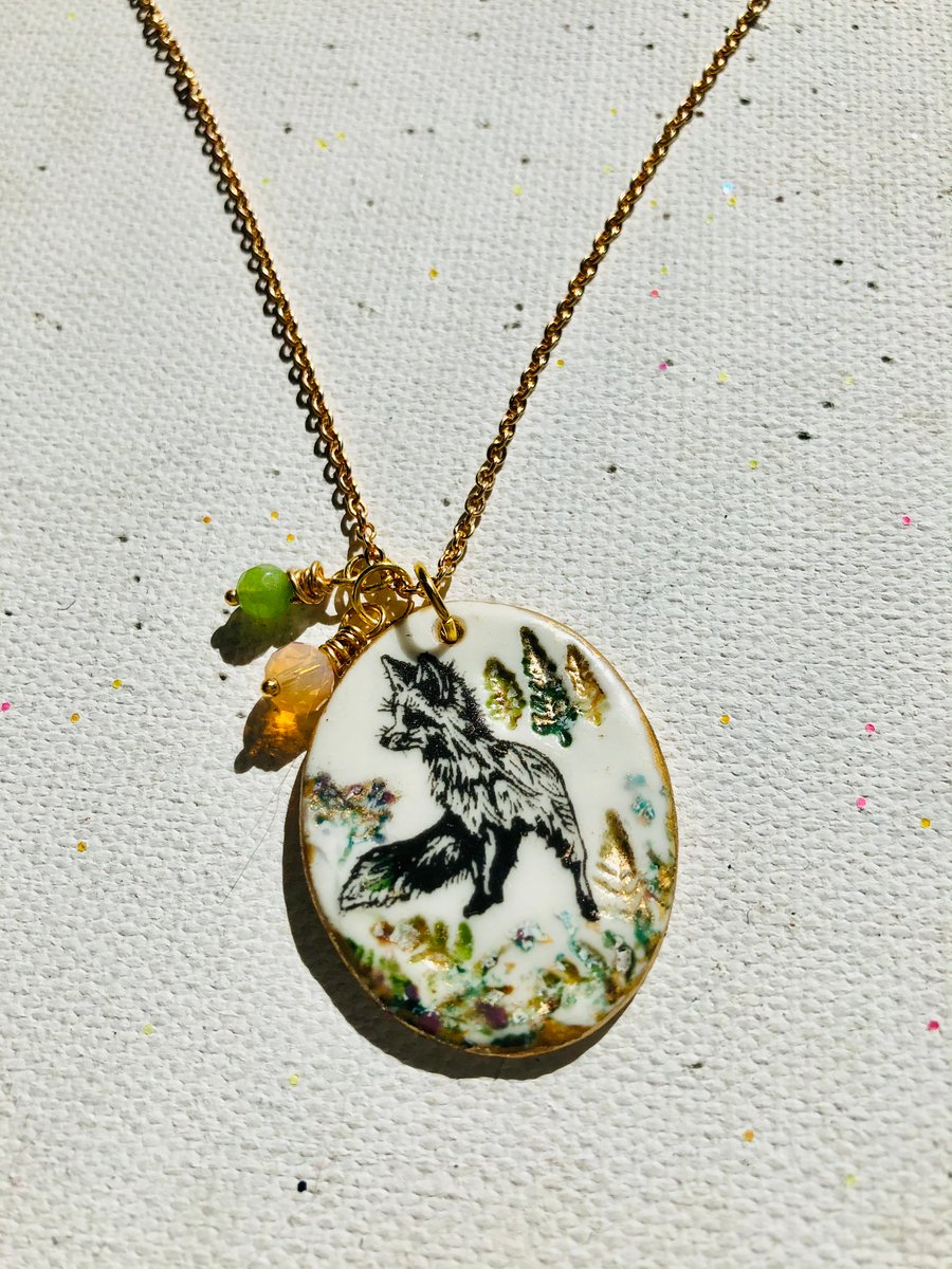 Fox in the forest porcelain pendant 