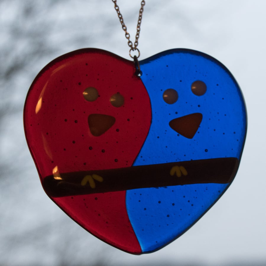 Lovebirds - Red & Blue Fused Glass - 9048