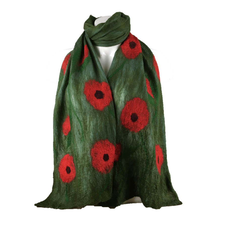 Green merino wool and silk nuno felted scarf with large poppies. long scarf
