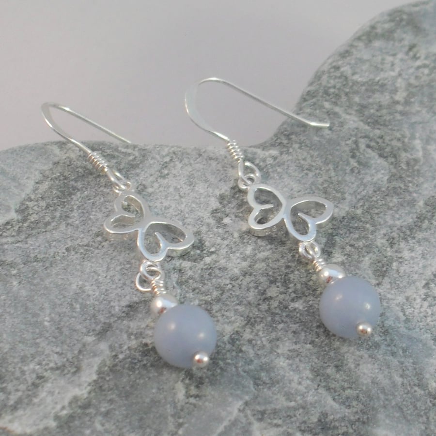 Sterling Silver Butterfly Earrings With Angelite Semi Precious Gemstones
