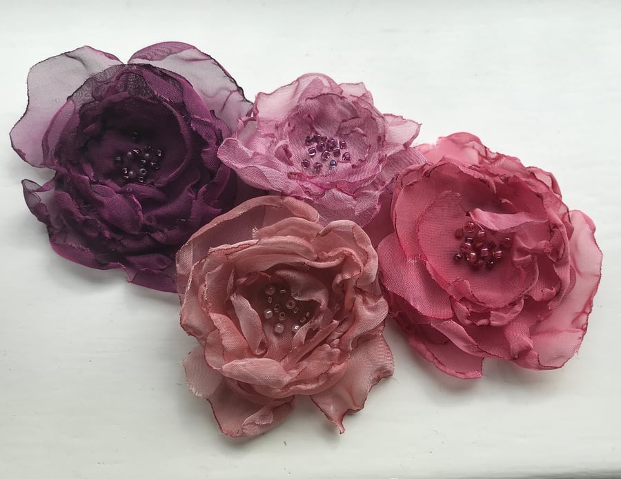 Beautiful chiffon Old English Rose flower brooch