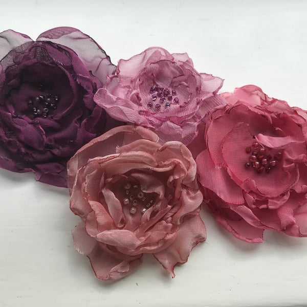 Beautiful chiffon Old English Rose flower brooch