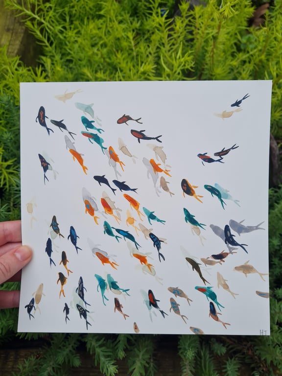 Original Watercolour hand painted serene fish art, abstract minimalistic