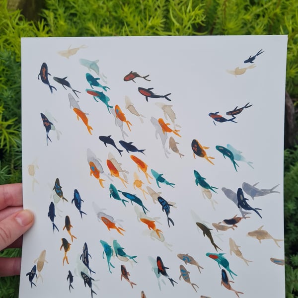 Original Watercolour hand painted serene fish art, abstract minimalistic