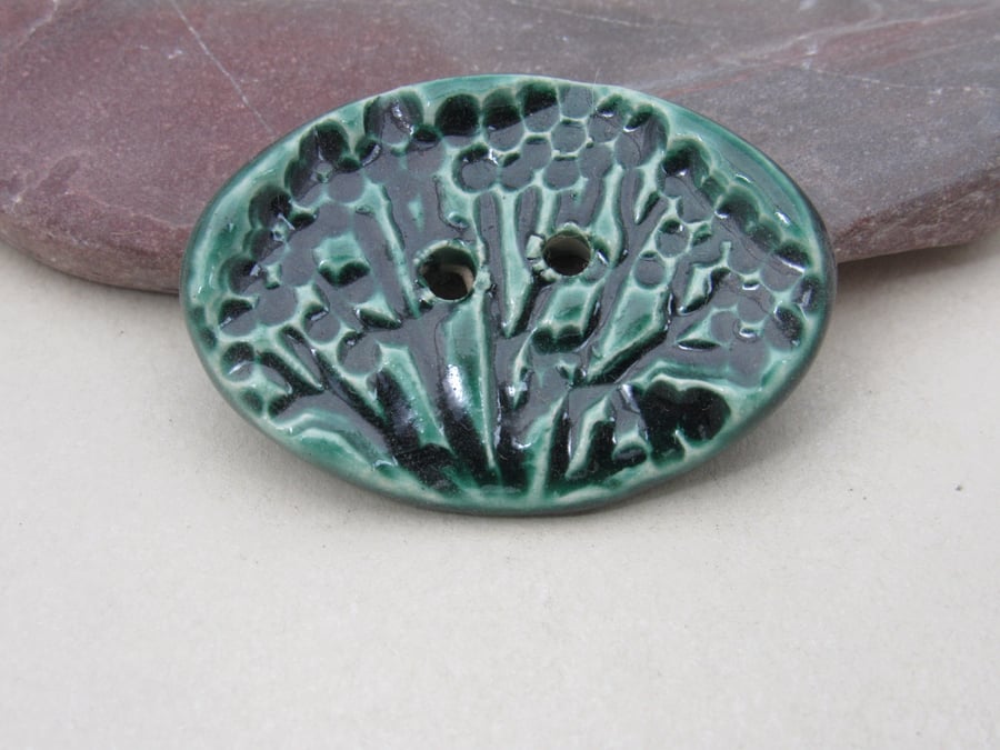 Large Emerald Green Oval Seedhead Handmade Ceramic Button
