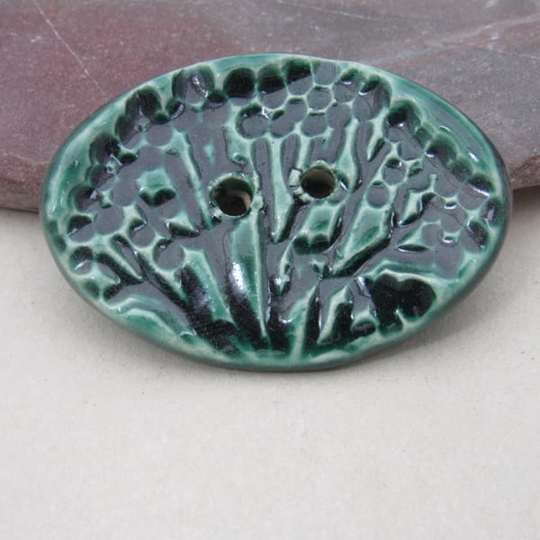 Large Emerald Green Oval Seedhead Handmade Ceramic Button