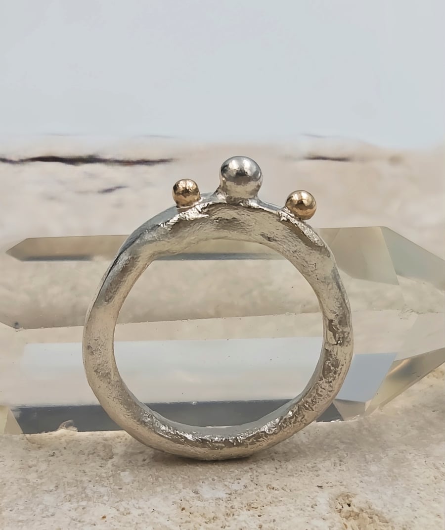 Hand Forged Sterling Silver Molten Ring – Gold Granules - Size i