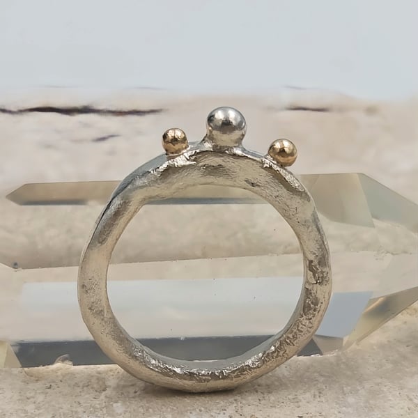 Hand Forged Sterling Silver Molten Ring – Gold Granules - Size i