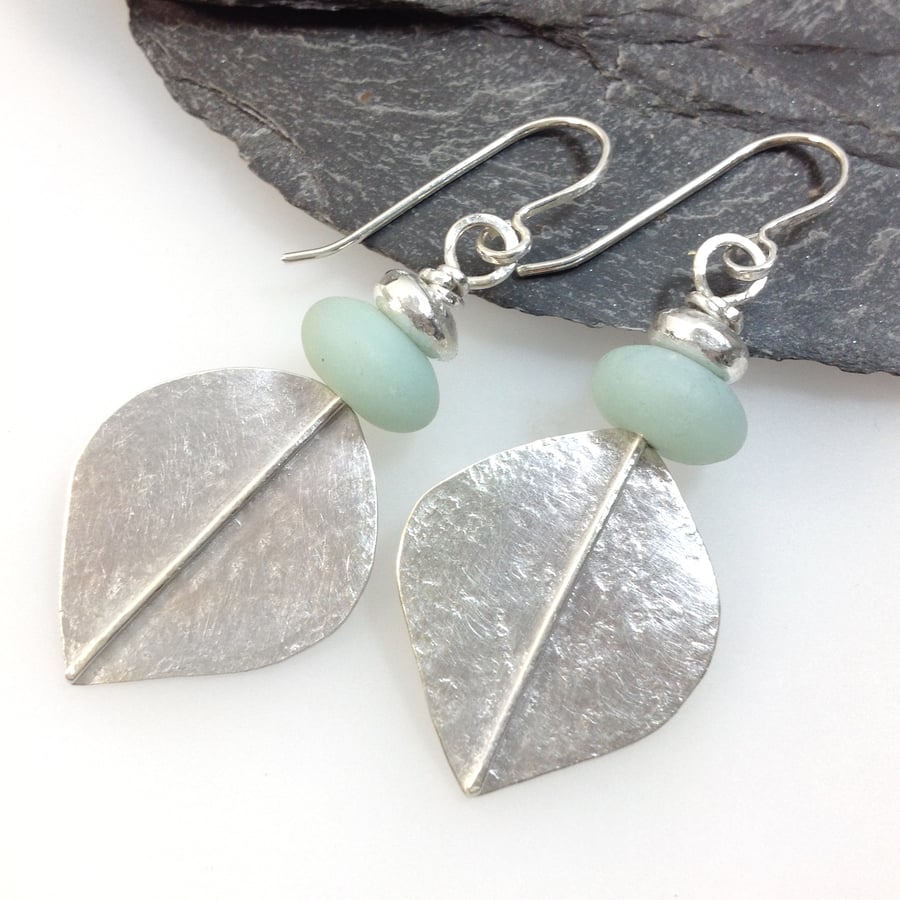 Large silver and amazonite leaf spear earrings