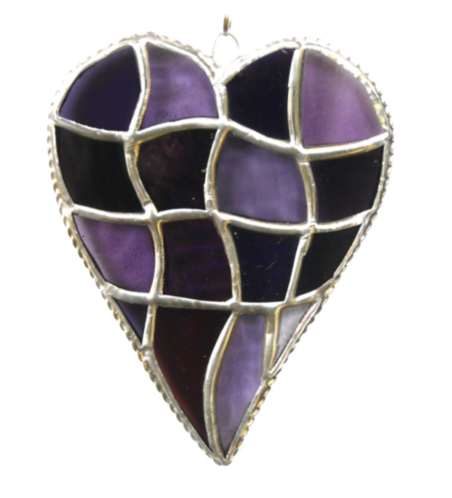 Patchwork Heart Suncatcher Stained Glass Handmade Purples 104