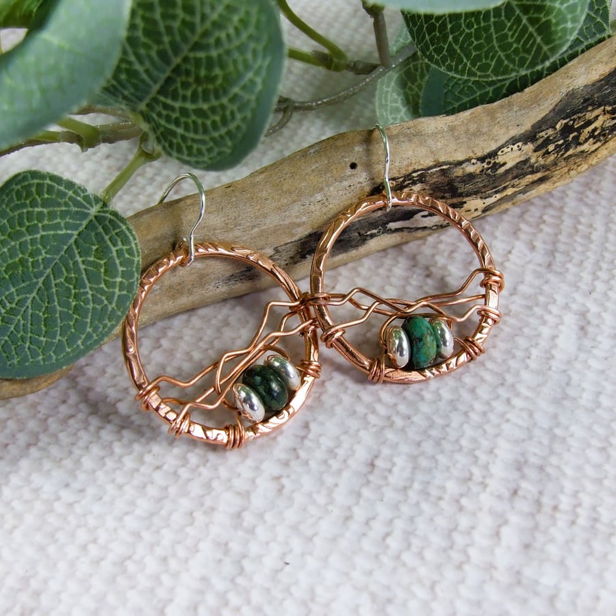 Earrings, Copper Hoops with Wire Wrapped Sterling Silver & Turquoise Gemstones