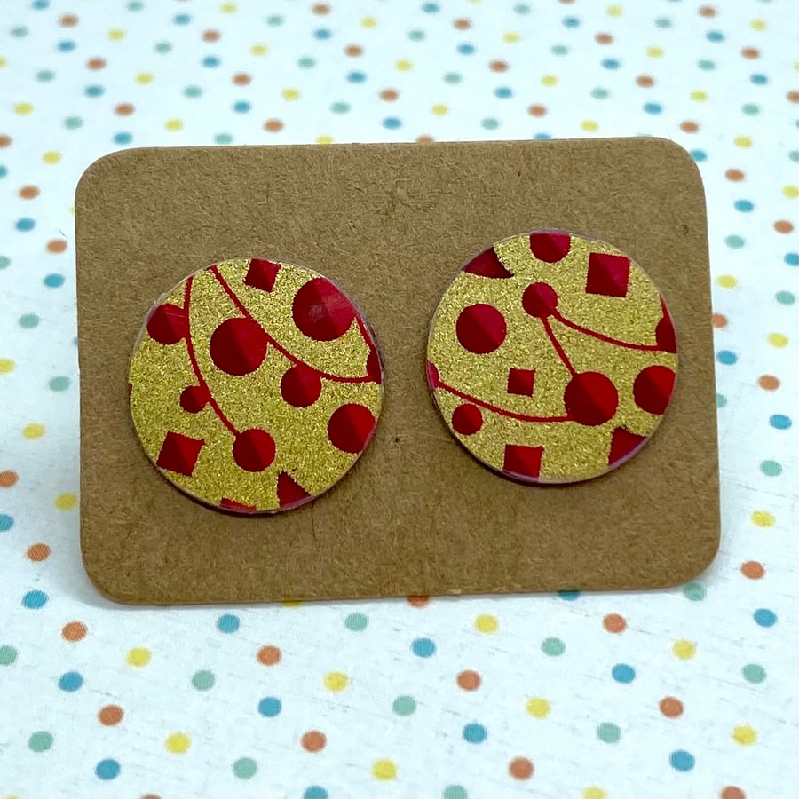 Recycled plastic red & gold circle stud earrings