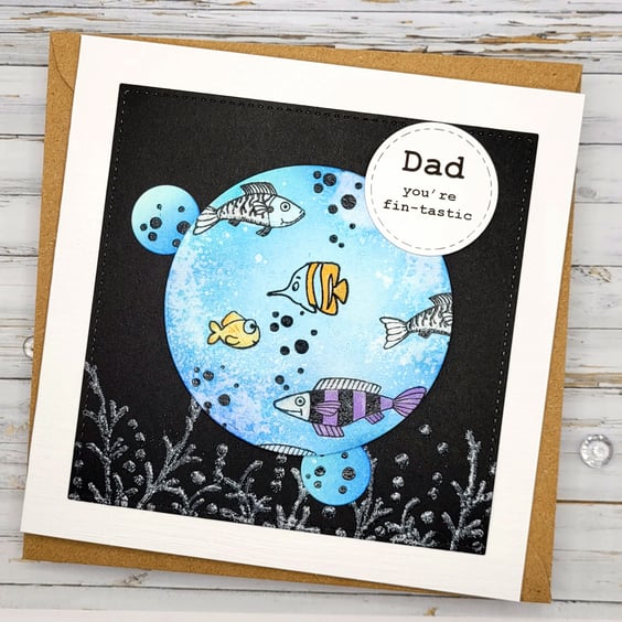 Dad Greetings Card - Birthday, fathers day, 3D, blank inside, fish, bubbles