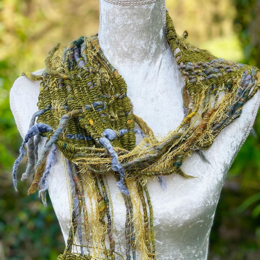 Wild Wood Hand Woven Art Yarn Scarf in Hand Spun Yarns